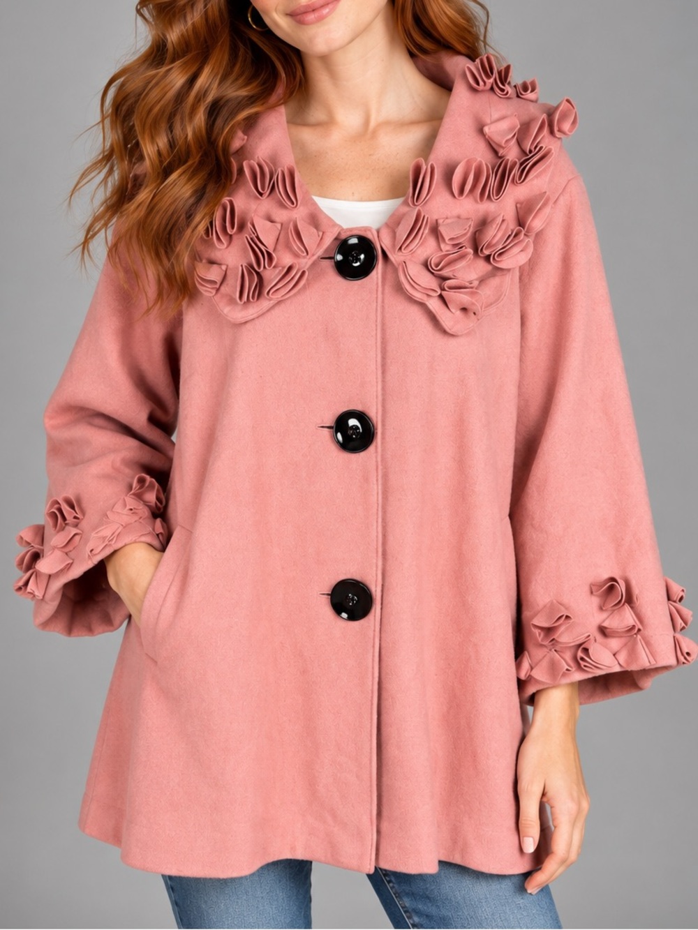 Ali Miles Pink Ruffled Flower Trim Wool Blend Lined Coquette Feminine Coat Sz 2X